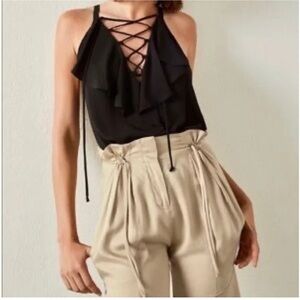 NWT BCBG Black Lace-Up Ruffle Top